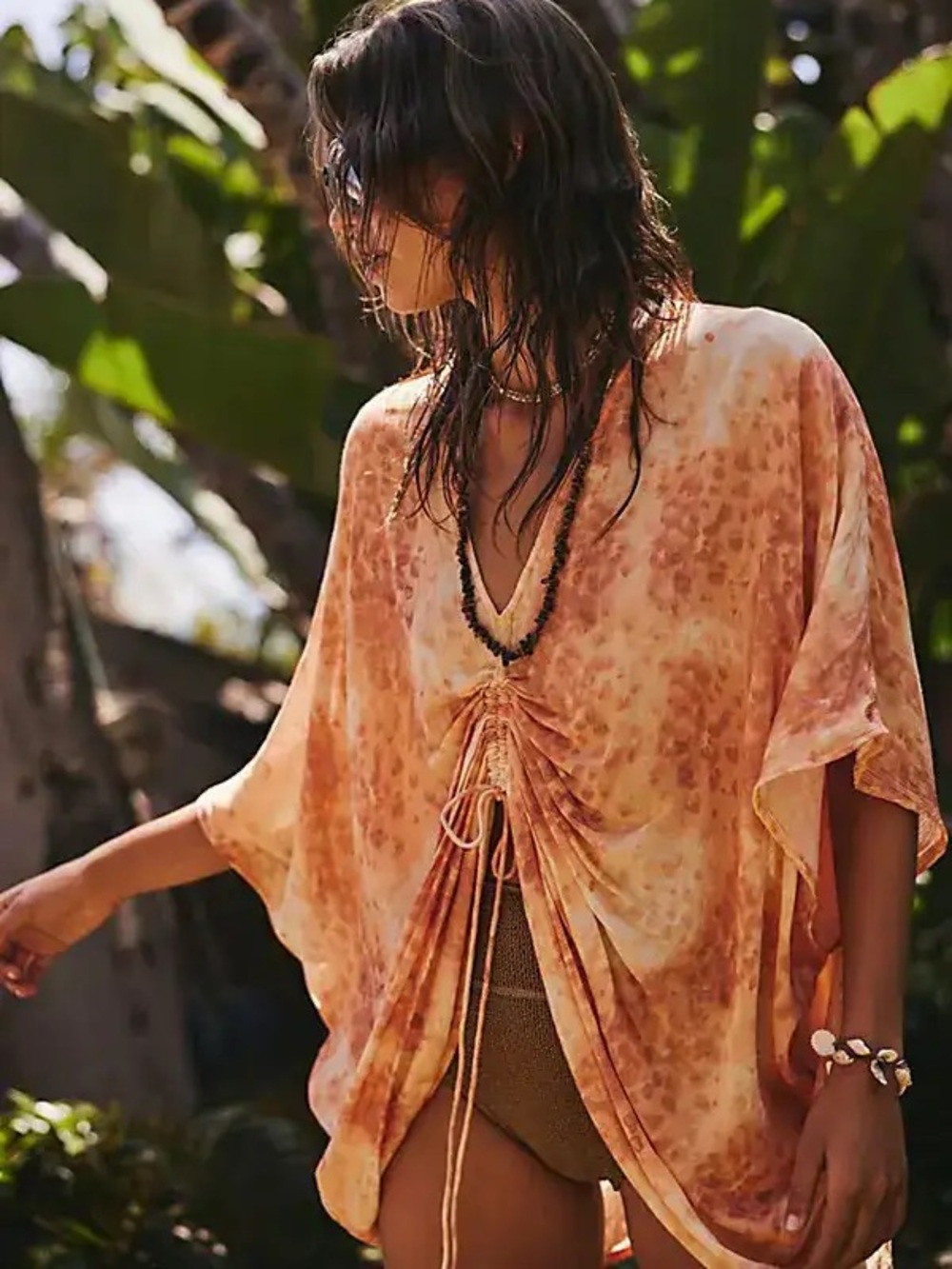 Free People Tunic Top Size All Tous Orange Tie Dye V-Neck Drawstring